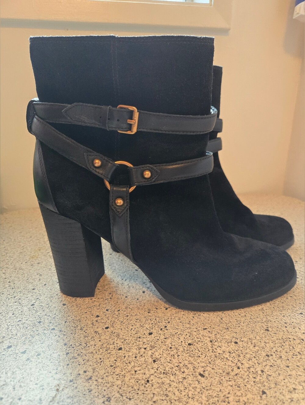 UGG Black Suede Ankle Booties with Buckle Strap